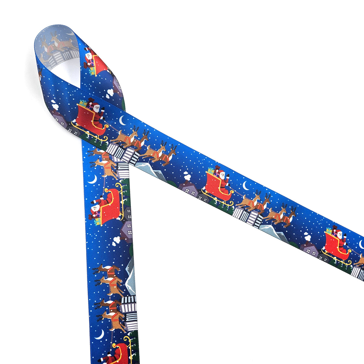 Santa and his sleigh with reindeer Christmas on a blue background printed on 1.5" white satin ribbon