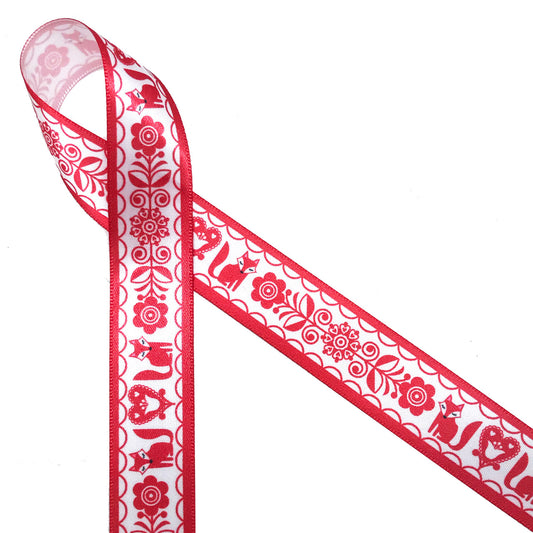 Our Scandinavian folk art design printed in red on 7/8" white single face satin ribbon is a sweet addition to your Valentine collection. This adorable design featuring hearts, florals and a fox is idea gift wrap, party decor, sweets tables, candy shops and jewelry stores. Be sure to have this ribbon on hand for fun Valentine crafts too! All our ribbon is designed and printed in the USA