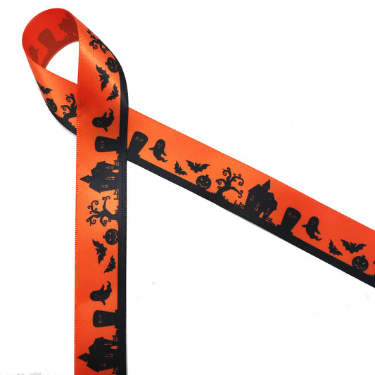 Scary Town on 7/8" orange single face satin ribbon is one of our most popular Halloween designs. It makes a perfect addition to candy boxes and sweet treats!