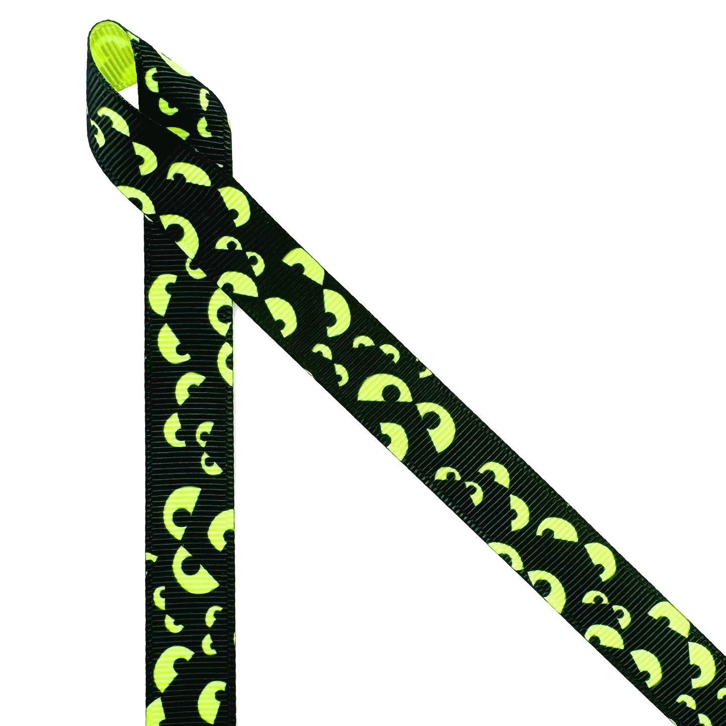 Scary Eyes Halloween Ribbon of neon green on a black background printed on 5/8" neon green grosgrain ribbon