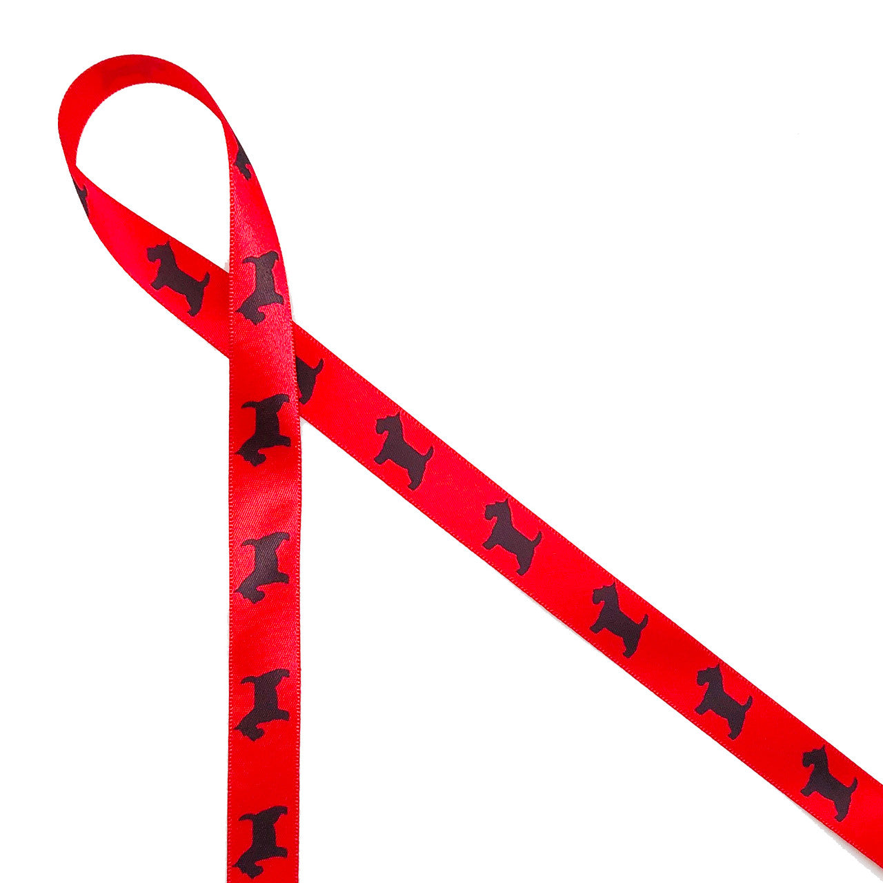 Scottie dogs in black silhouette printed on 5/8" red single face satin ribbon makes for a fun addition to any gift for that special pup or the dog lover in your life! Our ribbon is designed and printed in the USA