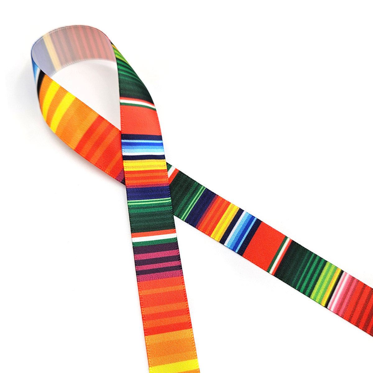 Serape Stripe Ribbon primary color stripes in red, orange, yellow, green, blue and purple  for Southwestern themes printed on 5/8" white single face satin