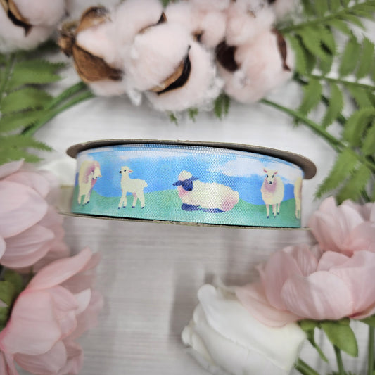 Sheep and lambs ribbon for Easter and Spring gifts, baskets, party favors and crafts printed on 7/8" white single face satin