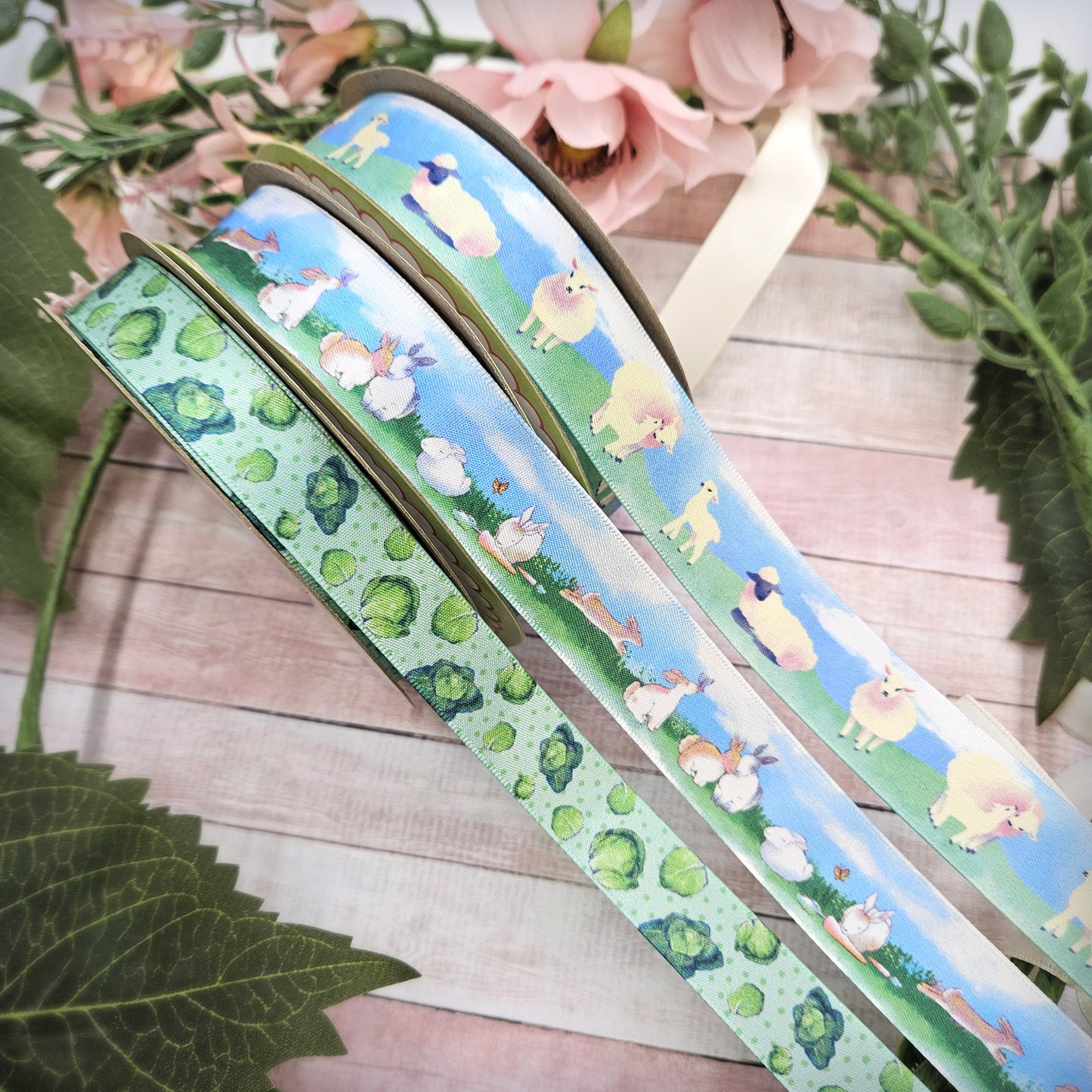 Sheep and lambs ribbon for Easter and Spring gifts, baskets, party favors and crafts printed on 7/8" white single face satin
