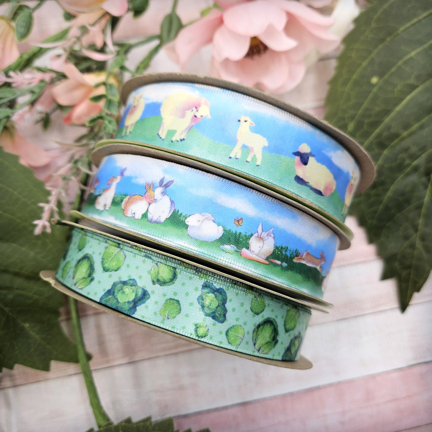 Sheep and lambs ribbon for Easter and Spring gifts, baskets, party favors and crafts printed on 7/8" white single face satin