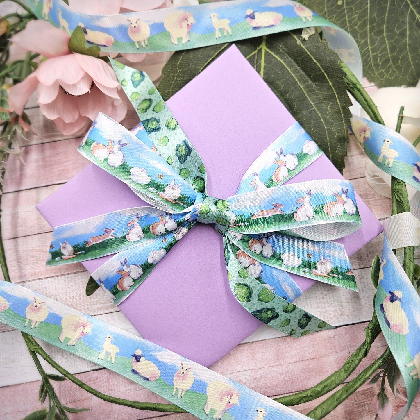 Sheep and lambs ribbon for Easter and Spring gifts, baskets, party favors and crafts printed on 7/8" white single face satin