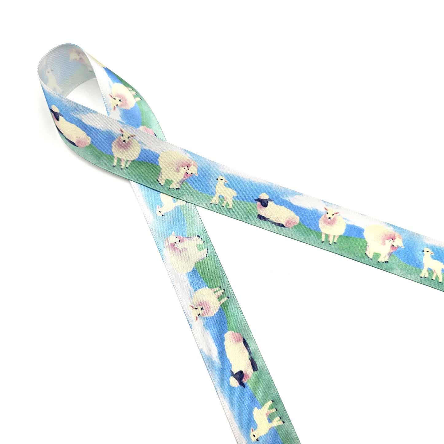 Sheep and lambs ribbon for Easter and Spring gifts, baskets, party favors and crafts printed on 7/8" white single face satin