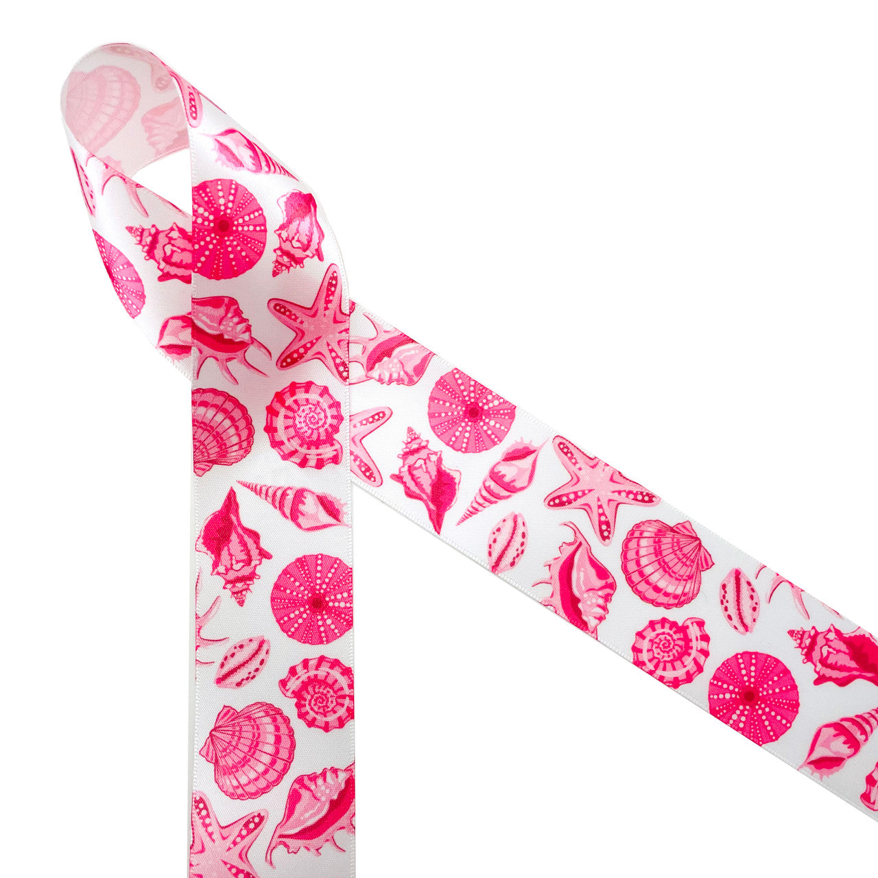 Shell Ribbons Seashell ribbon in pink printed on white single face satin ribbon, 10 Yards