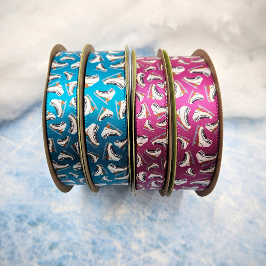 Figure skates tossed on pink or teal backgrounds prnted on 5/8" and 7/8" satin ribbon