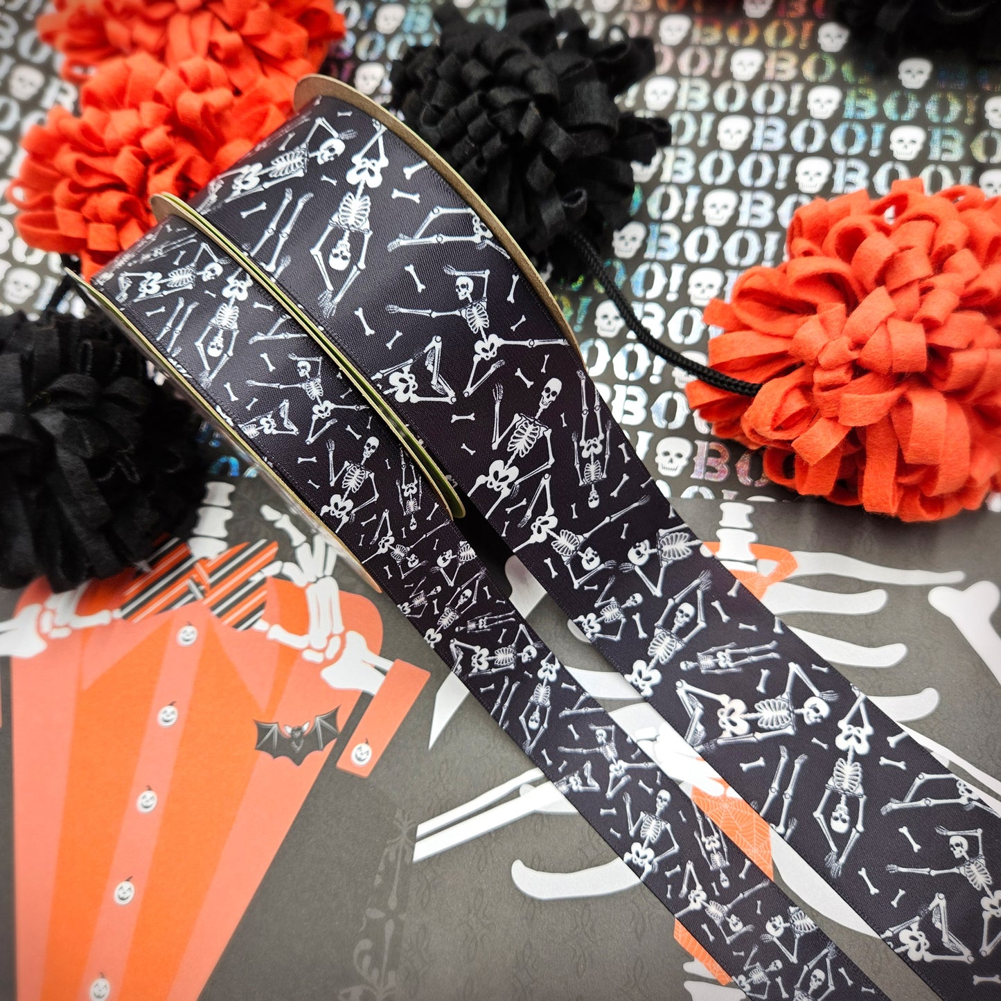 Skeletons Ribbon white skeletons on black printed on 1.5" and 7/8" satin