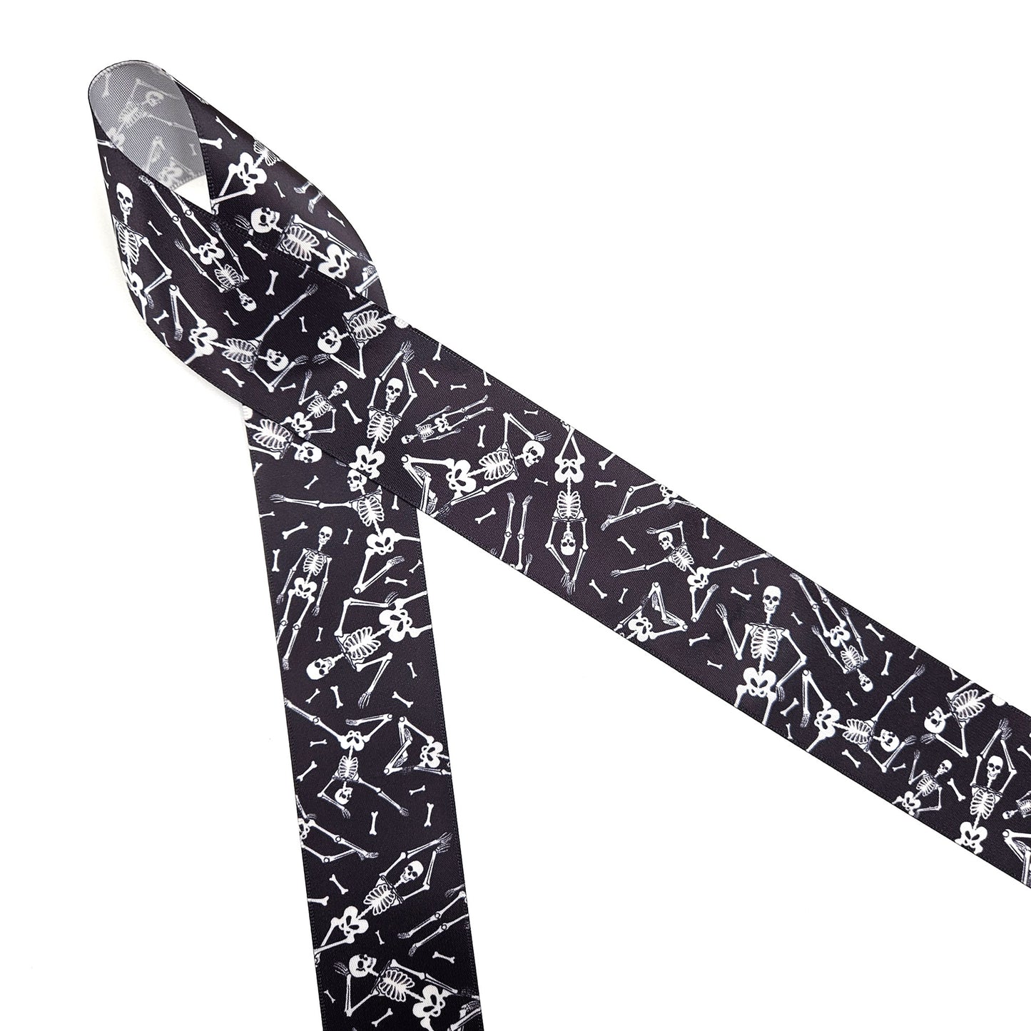 Skeletons Ribbon white skeletons on black printed on 1.5" and 7/8" satin