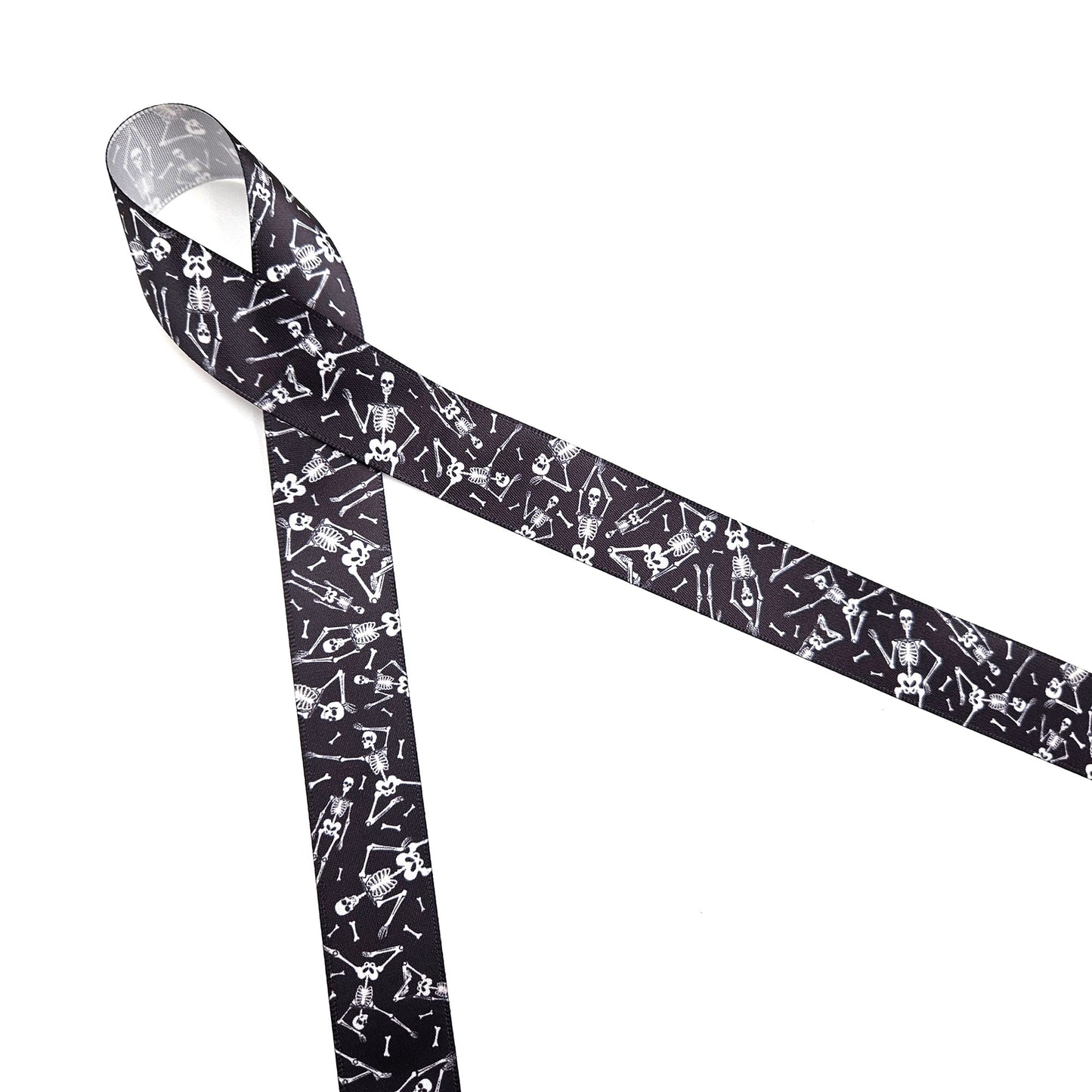 Skeletons Ribbon white skeletons on black printed on 1.5" and 7/8" satin