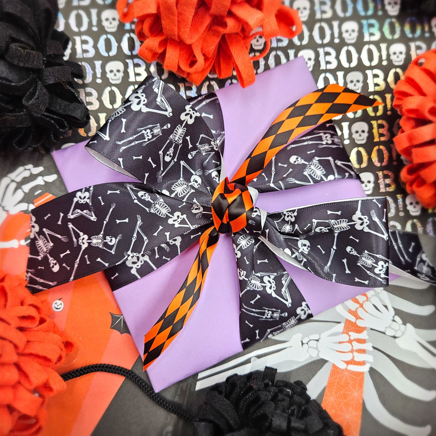 Skeletons Ribbon white skeletons on black printed on 1.5" and 7/8" satin