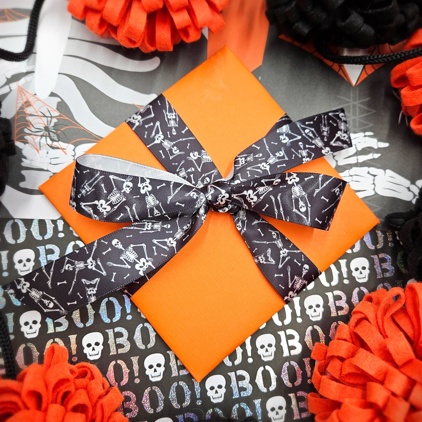 Skeletons Ribbon white skeletons on black printed on 1.5" and 7/8" satin