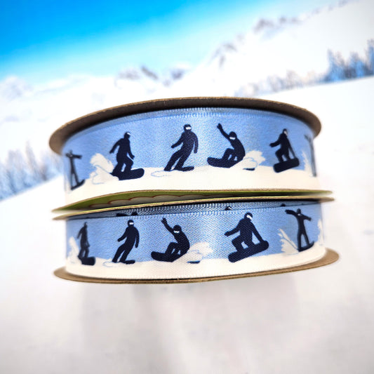 Snowboarding ribbon in black blue and white for Winter sports events, gift wrap, party favors printed on 5/8" and 7/8" white satin