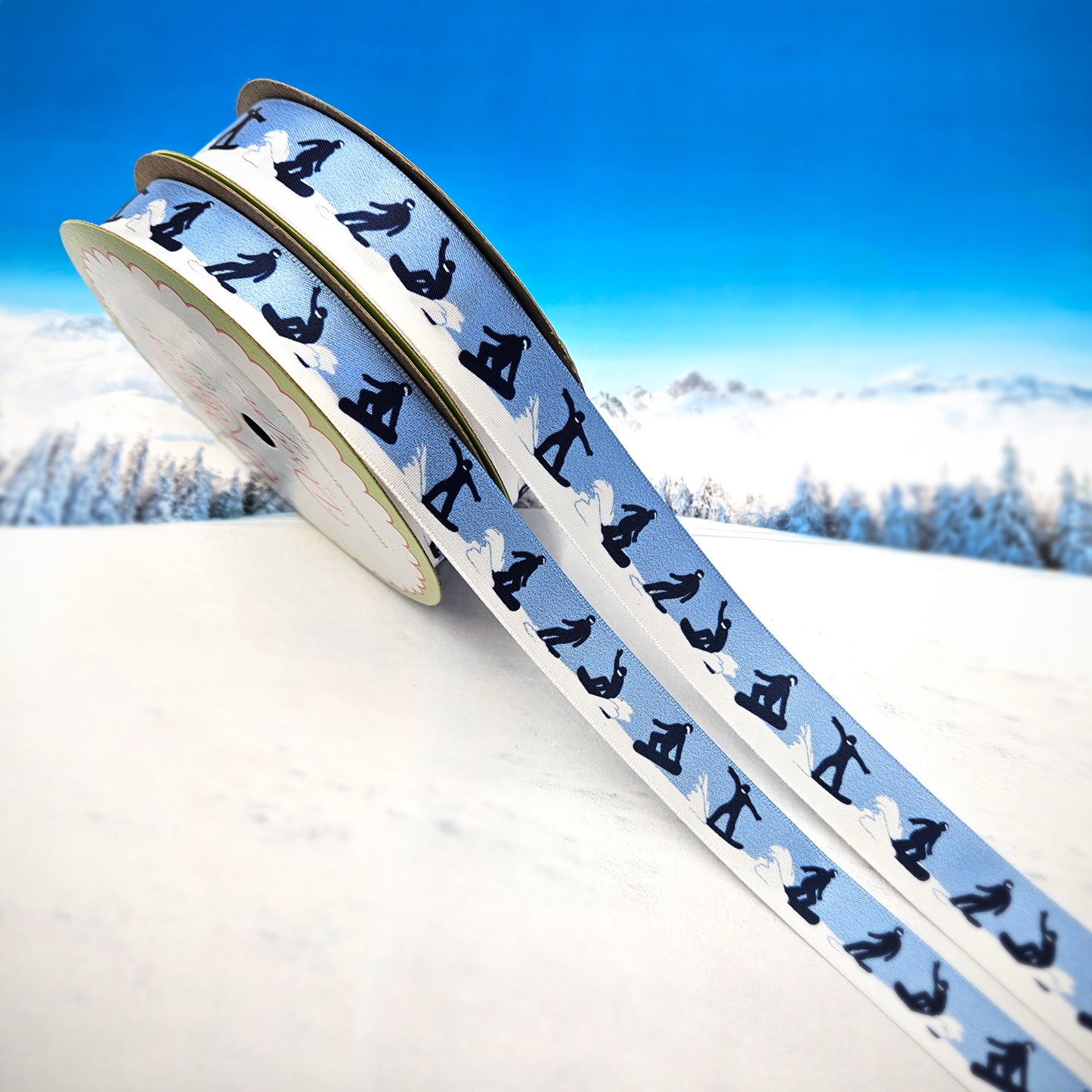 Snowboarding ribbon in black blue and white for Winter sports events, gift wrap, party favors printed on 5/8" and 7/8" white satin