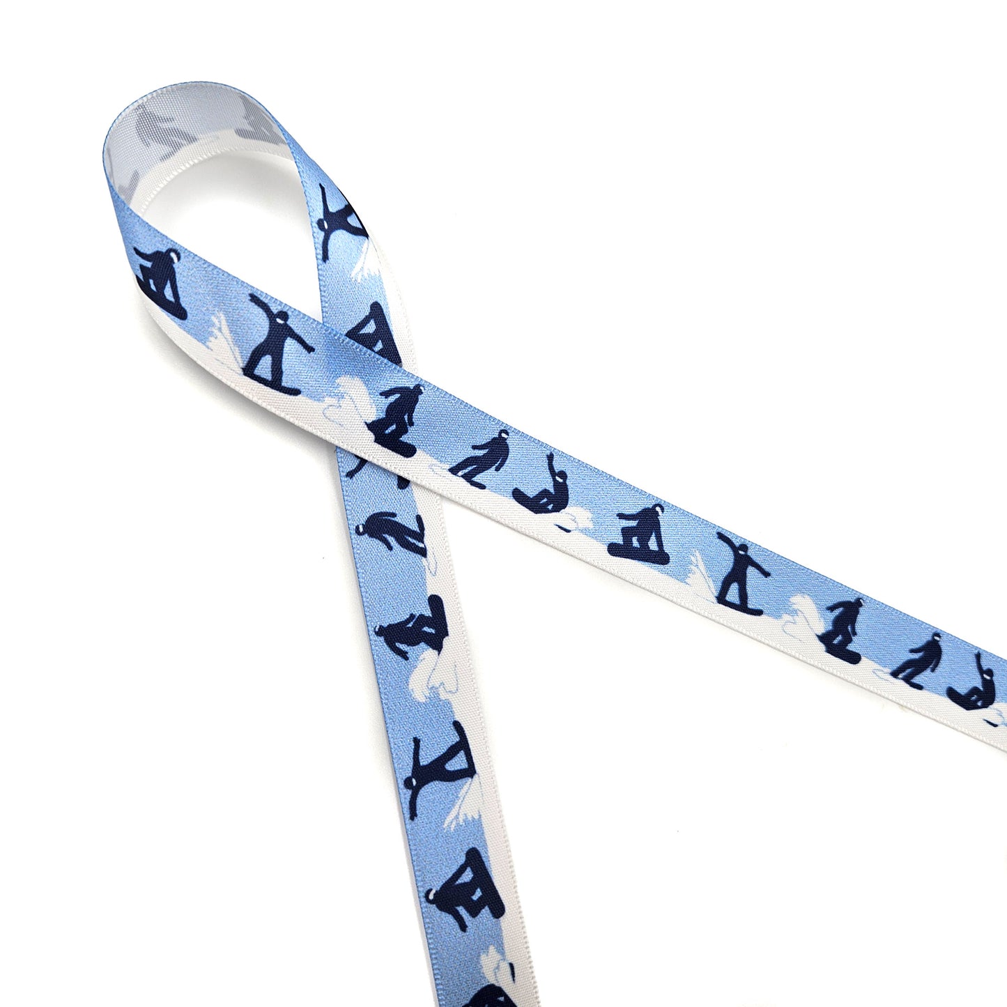 Snowboarding ribbon in black blue and white for Winter sports events, gift wrap, party favors printed on 5/8" and 7/8" white satin