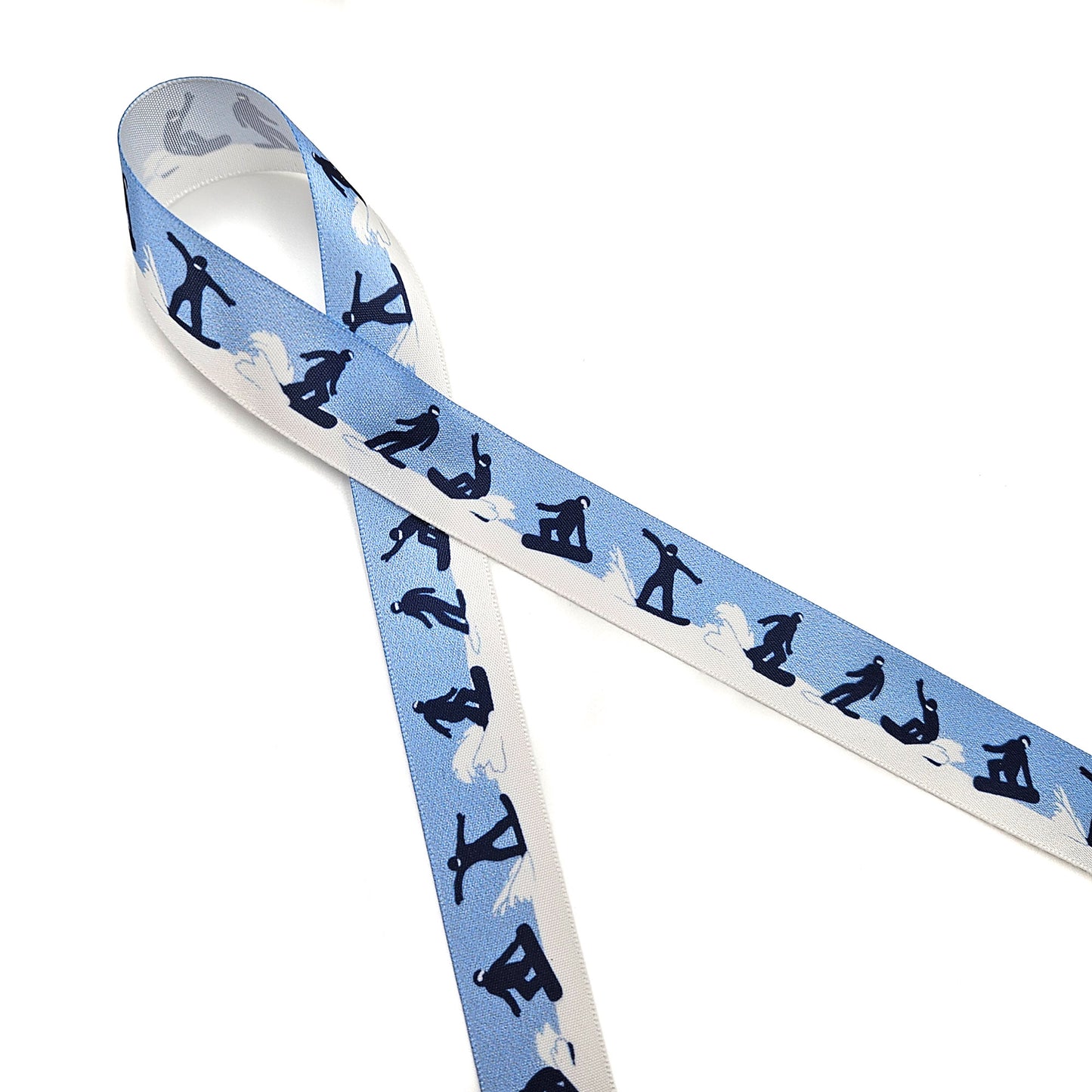 Snowboarding ribbon in black blue and white for Winter sports events, gift wrap, party favors printed on 5/8" and 7/8" white satin