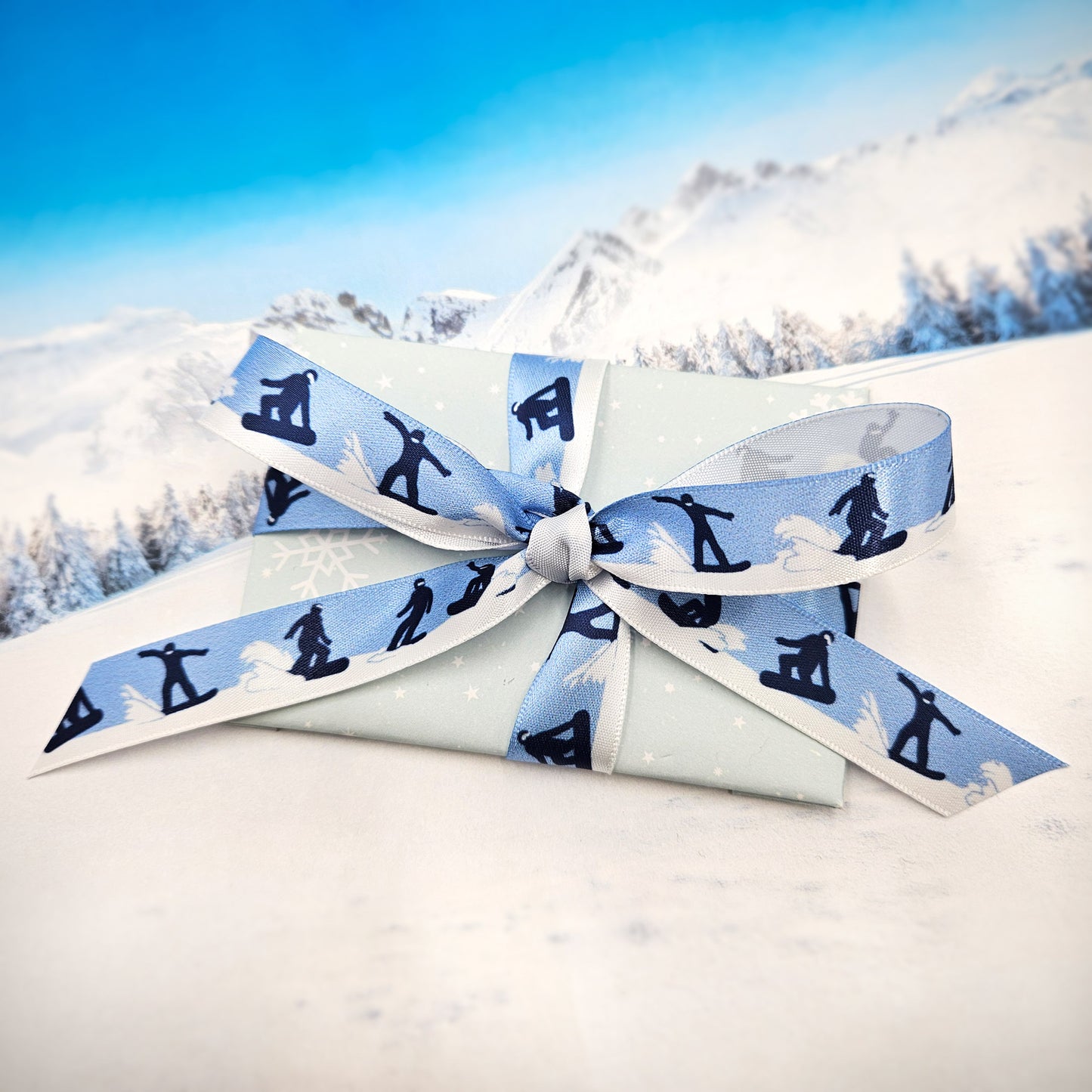 Snowboarding ribbon in black blue and white for Winter sports events, gift wrap, party favors printed on 5/8" and 7/8" white satin