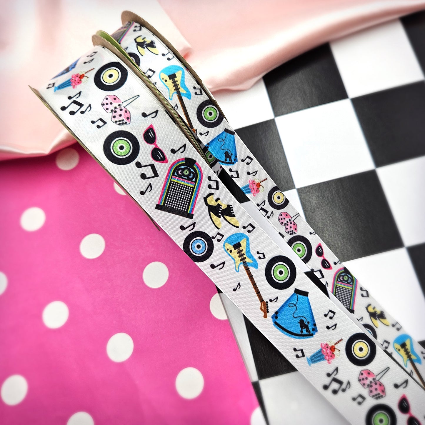Sock Hop Vintage '50 ribbon featuring poodle skirts, guitars, Juke boxes, musical notes in turquoise, pink and black printed on1.5" and  5/8" white satin