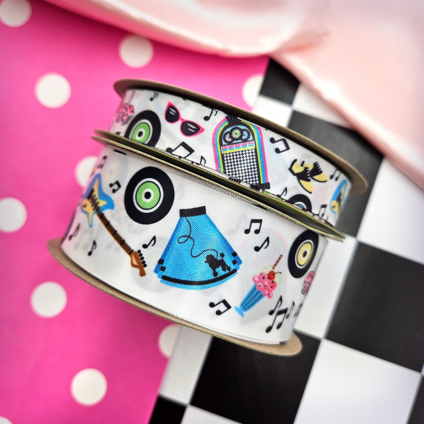 Sock Hop Vintage '50 ribbon featuring poodle skirts, guitars, Juke boxes, musical notes in turquoise, pink and black printed on1.5" and  5/8" white satin