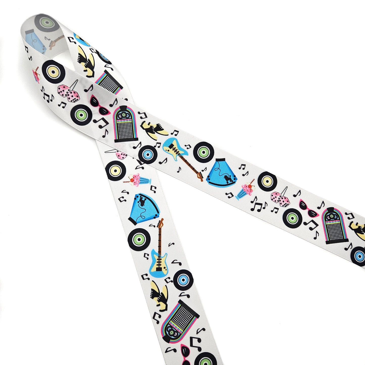 Sock Hop Vintage '50 ribbon featuring poodle skirts, guitars, Juke boxes, musical notes in turquoise, pink and black printed on1.5" and  5/8" white satin