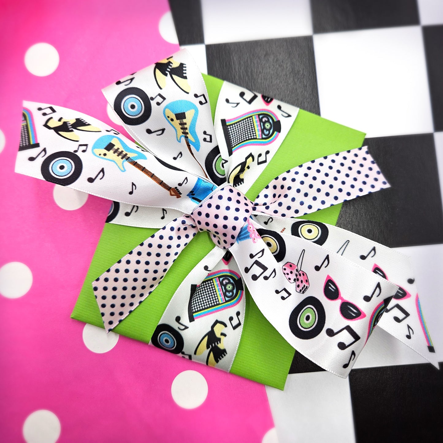 Sock Hop Vintage '50 ribbon featuring poodle skirts, guitars, Juke boxes, musical notes in turquoise, pink and black printed on1.5" and  5/8" white satin
