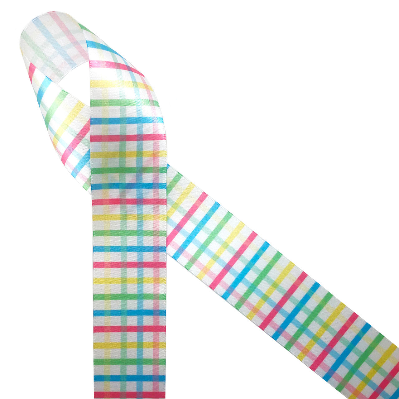Spring Plaid Ribbon Easter ribbon printed on 1.5" white grosgrain and Satin