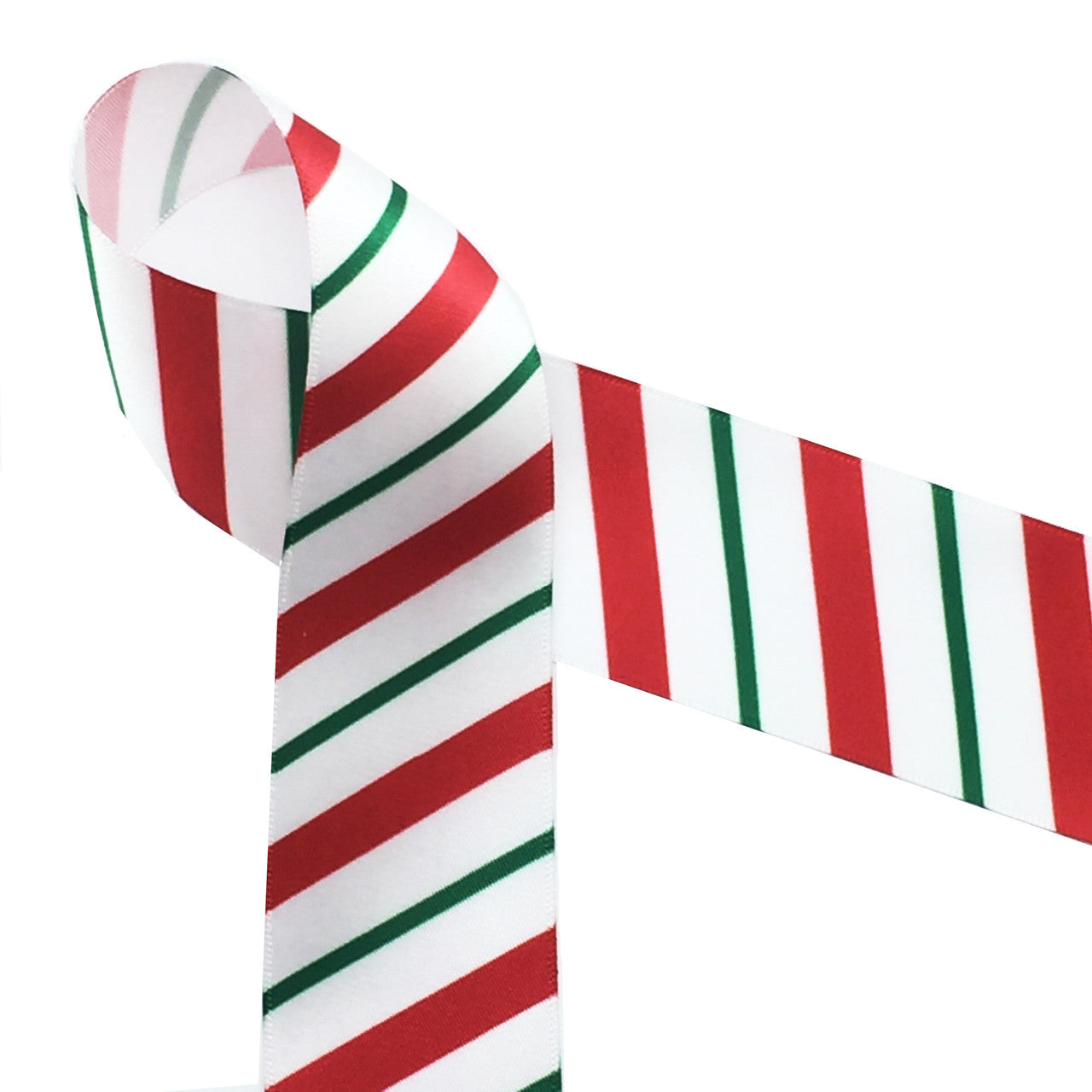 Candy Cane stripes in red and green on 1.5" white single face satin ribbon