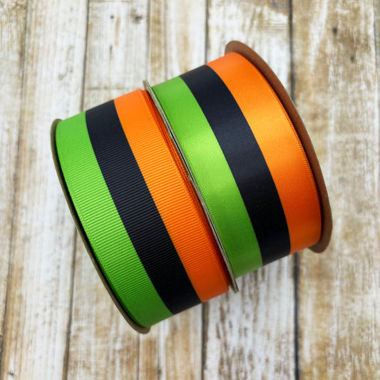 Halloween RibbonOrange, Lime and Black stripes printed on 1.5" satin and grosgrain