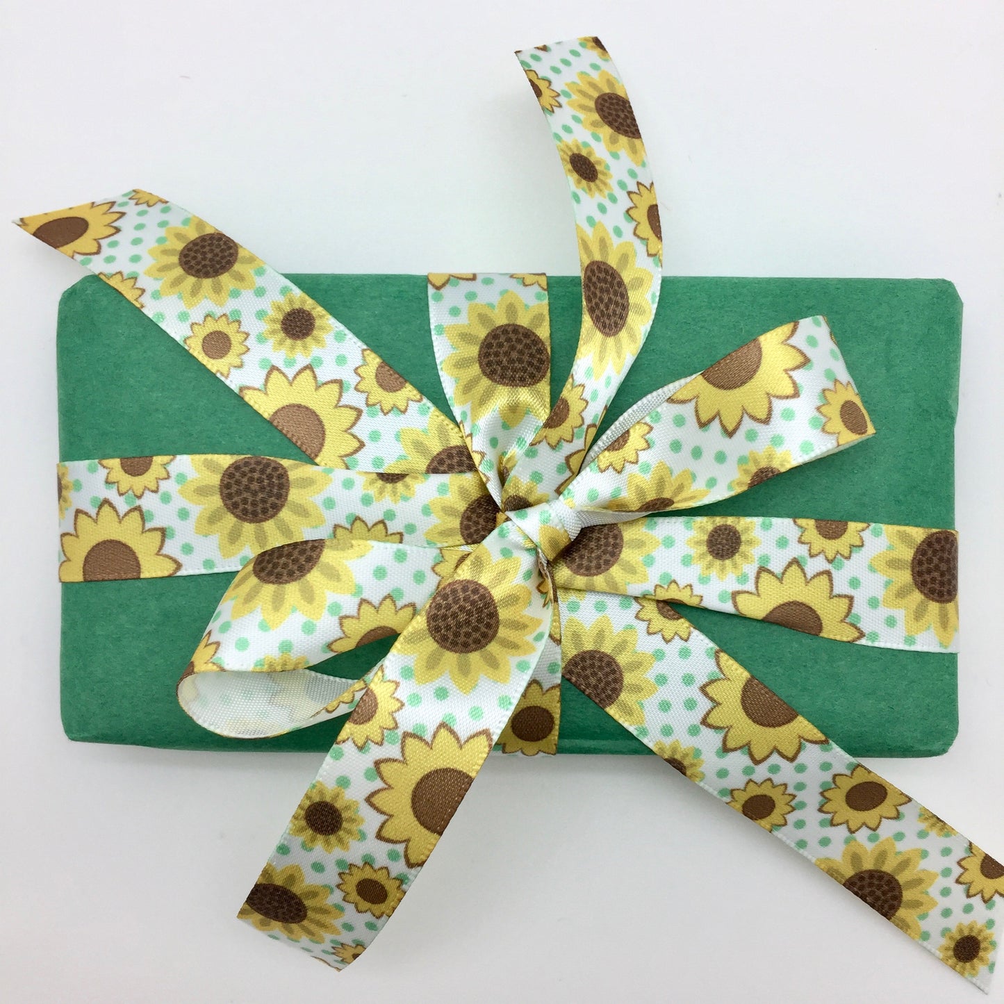 Sunflowers with green pin dots Ribbon printed on 5/8" white Single Face Satin