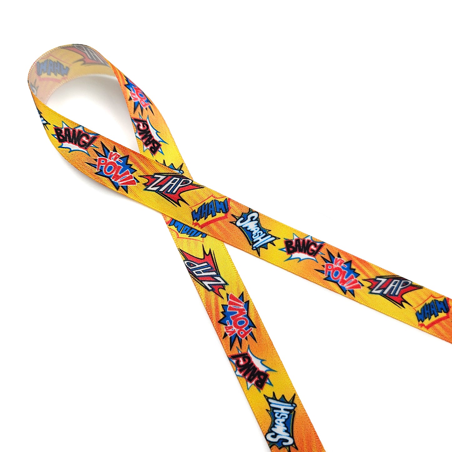 Super Hero Ribbon Zap, Pow, Bang, Smash, Wham on a bright orange background printed on 5/8" and 7/8" single face satin