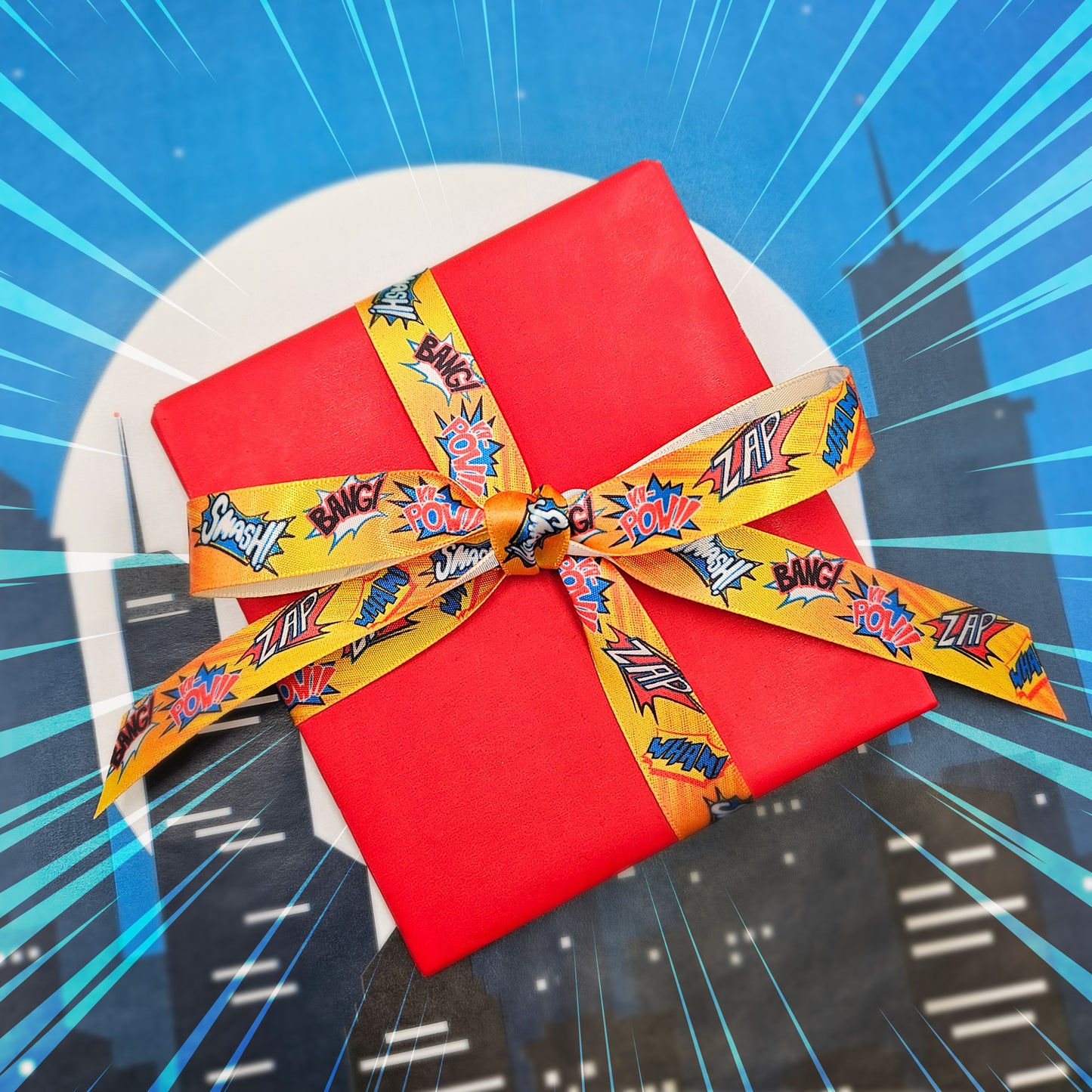 Super Hero Ribbon Zap, Pow, Bang, Smash, Wham on a bright orange background printed on 5/8" and 7/8" single face satin