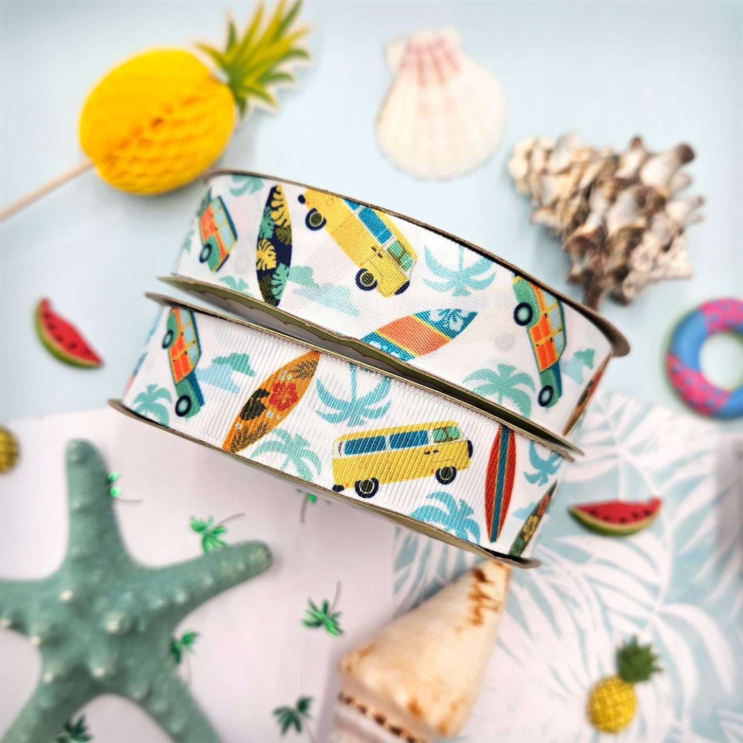 Surfing  Surfboard Ribbon, Surfboards and  Vintage Woody Wagons with Palm Trees printed on 7/8" satin and grosgrain