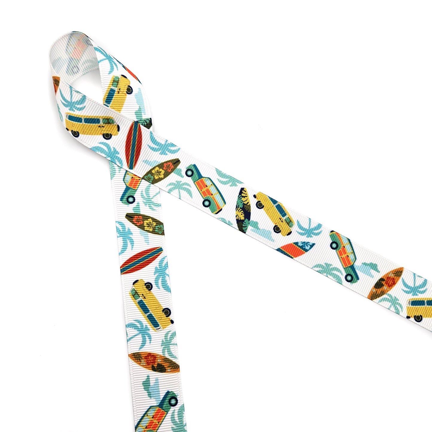 Surfing  Surfboard Ribbon, Surfboards and  Vintage Woody Wagons with Palm Trees printed on 7/8" satin and grosgrain