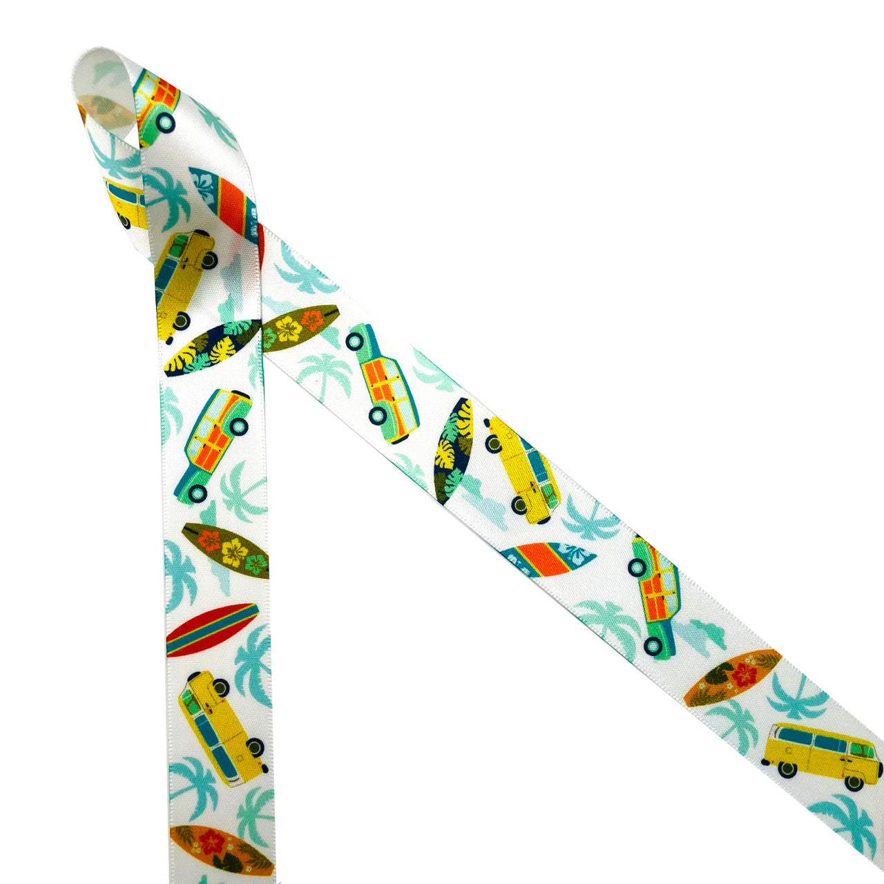 Surfing ribbon featuring surfboards, palm trees and vintage Woodies printed on 7/8" white single face satin is the best ribbon for all things Summer fun! California Dreaming is the inspiration for this fun ribbon for Summer parties, beach parties, California themed events, gift wrap, gift baskets, party decor, party favors, cookies, cake pops and dessert tables. Use this ribbon for Summer crafts, hair bows, sewing and quilting projects too! All our ribbon is designed and printed in the USA