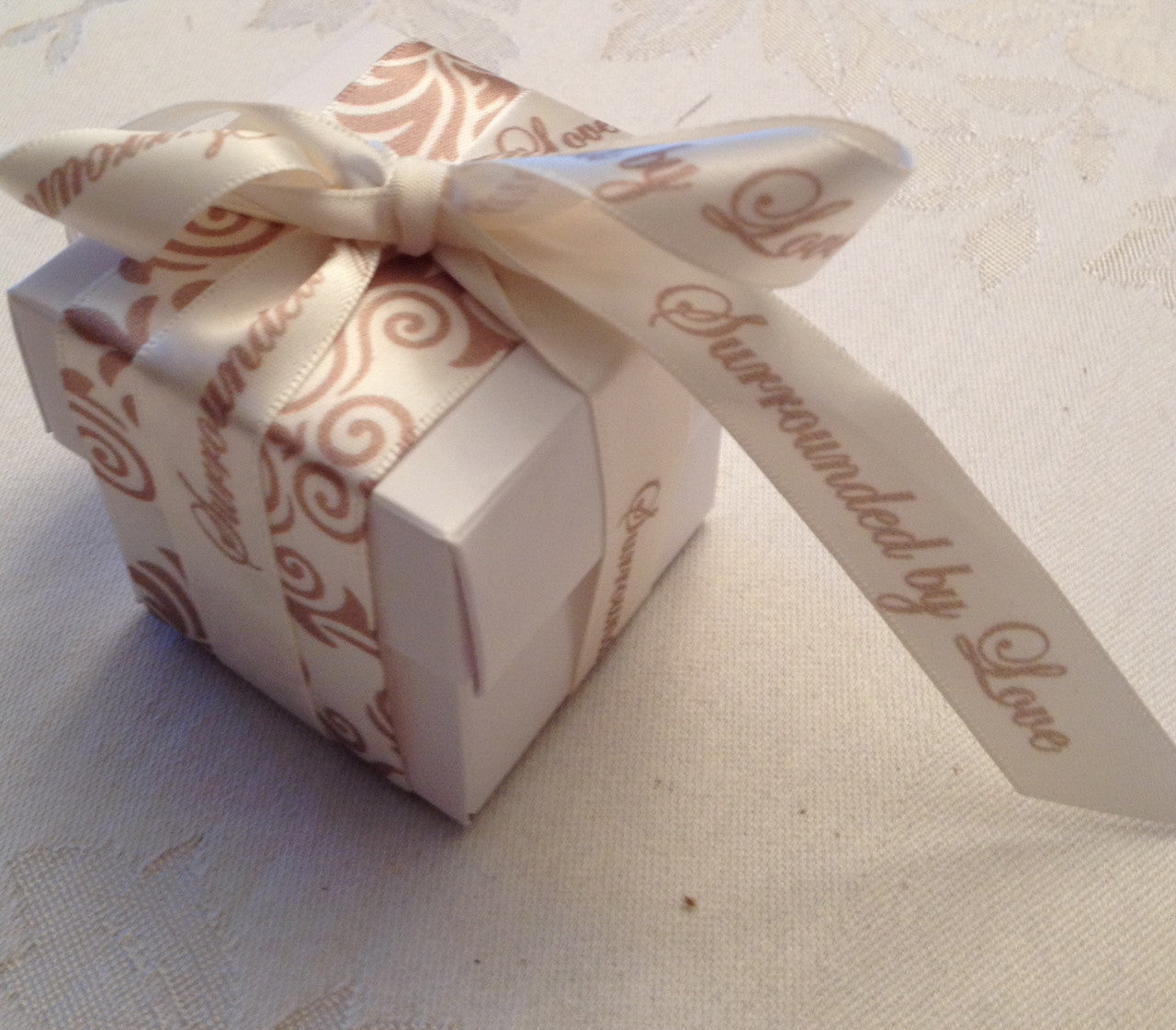 Champagne and Antique White damask pattern is the base for this Thank You favor box. Any guest would feel appreciated taking home this pretty box with something sweet inside.
