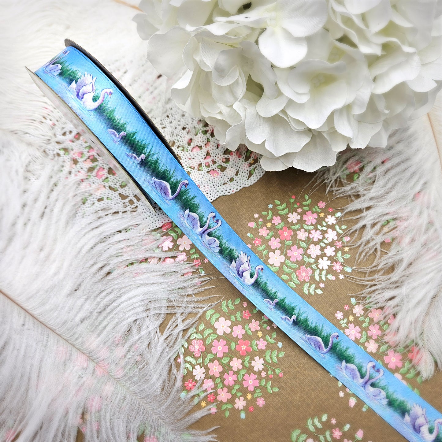 Swans ribbon with reeds and grass for crafts, sewing, and gifts printed on 7/8" satin