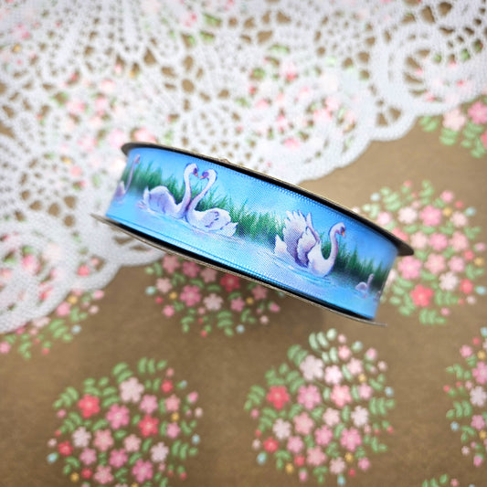 Swans ribbon with reeds and grass for crafts, sewing, and gifts printed on 7/8" satin