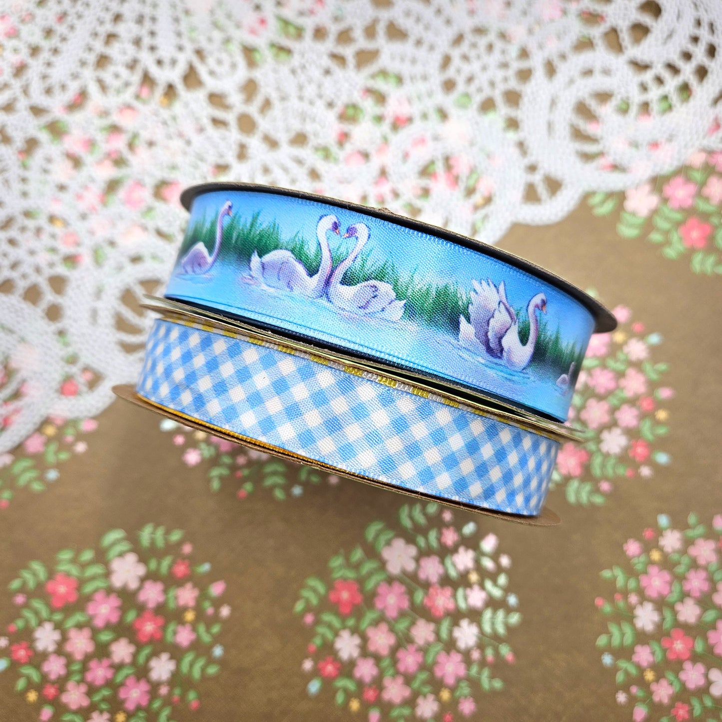Swans ribbon with reeds and grass for crafts, sewing, and gifts printed on 7/8" satin