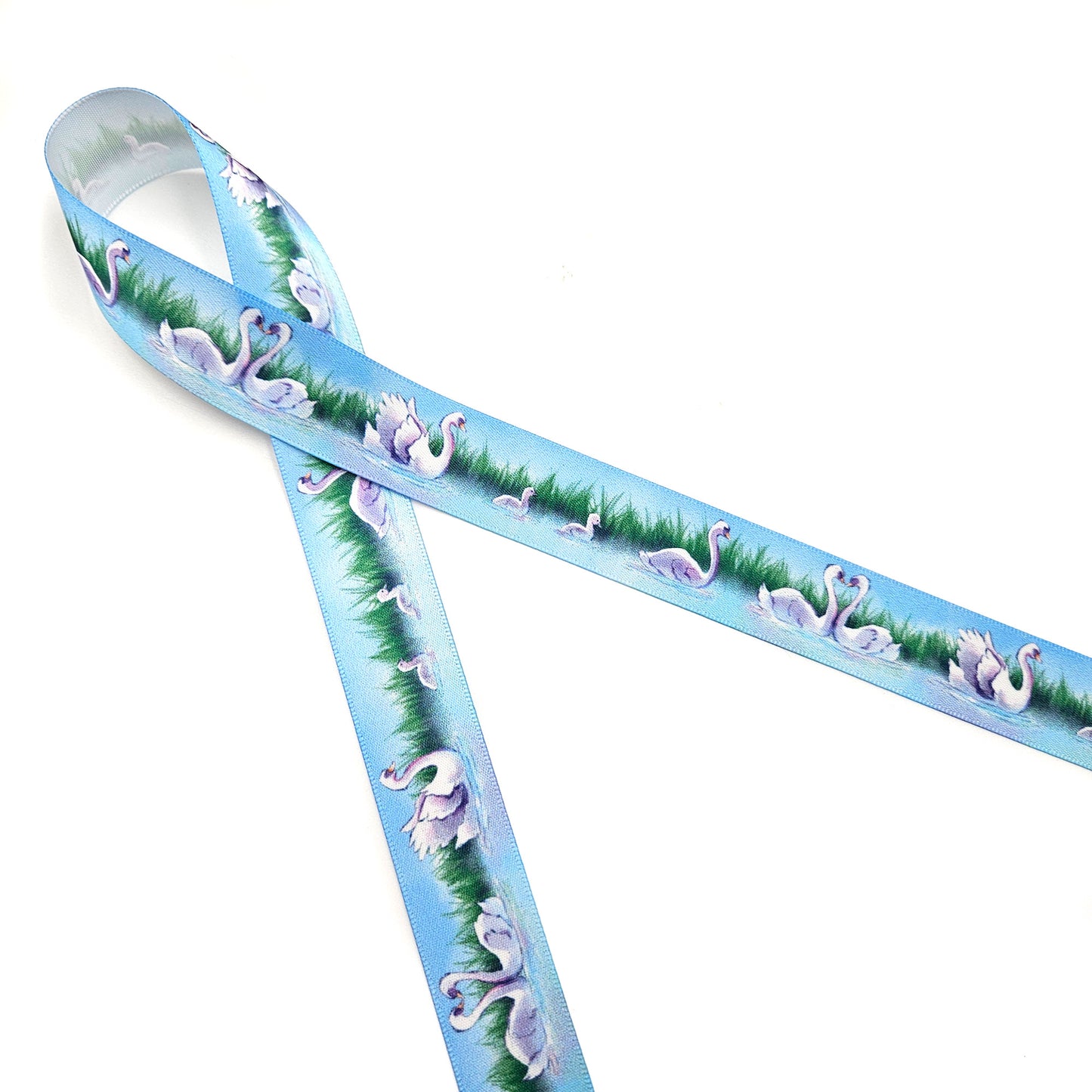 Swans ribbon with reeds and grass for crafts, sewing, and gifts printed on 7/8" satin