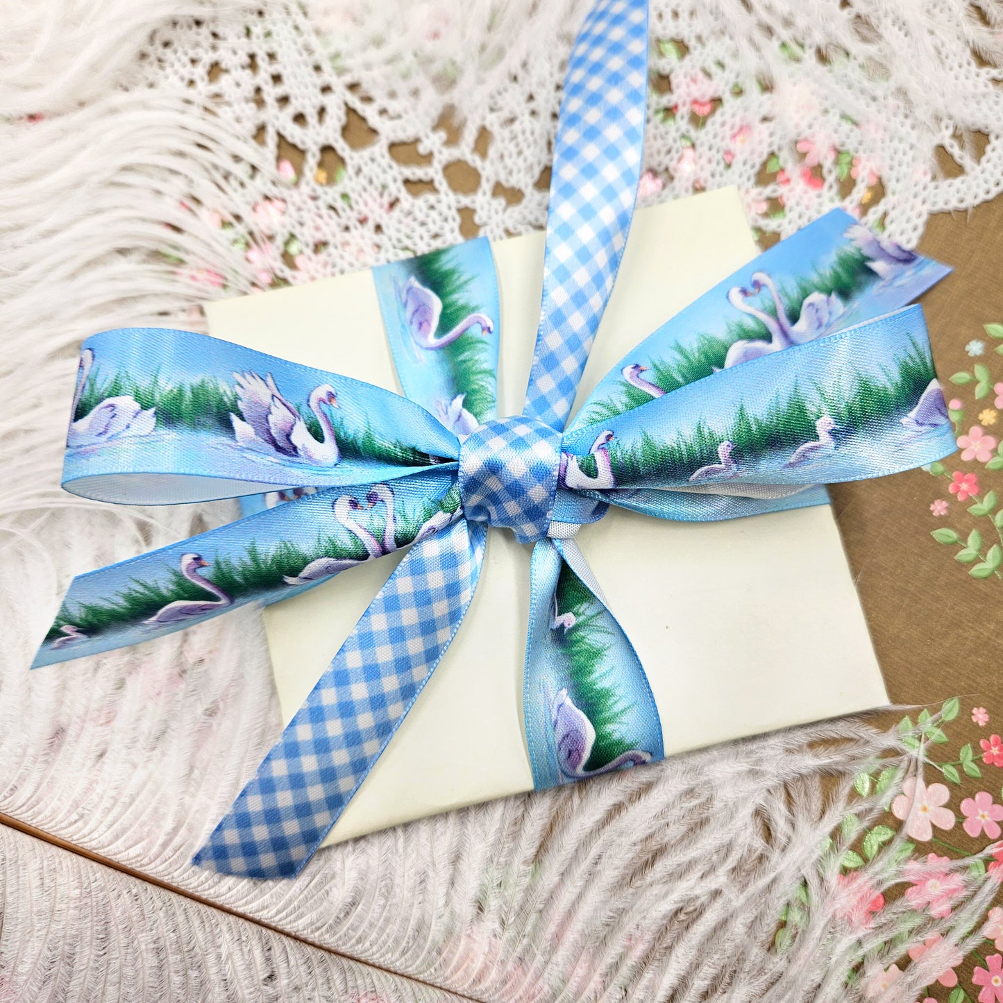 Swans ribbon with reeds and grass for crafts, sewing, and gifts printed on 7/8" satin