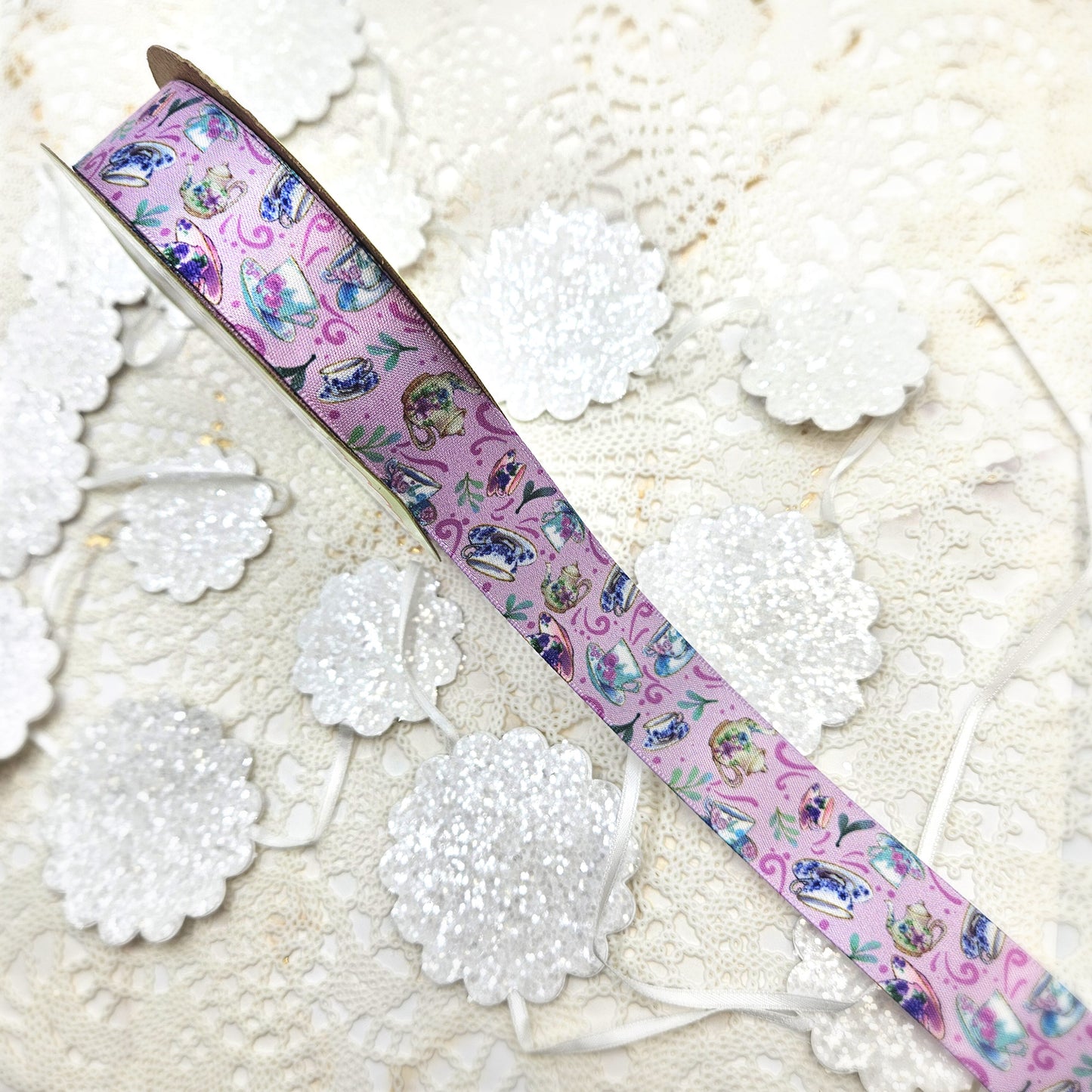 Tea cups and Tea pots ribbon on a lilac background printed on 7/8" white single face satin