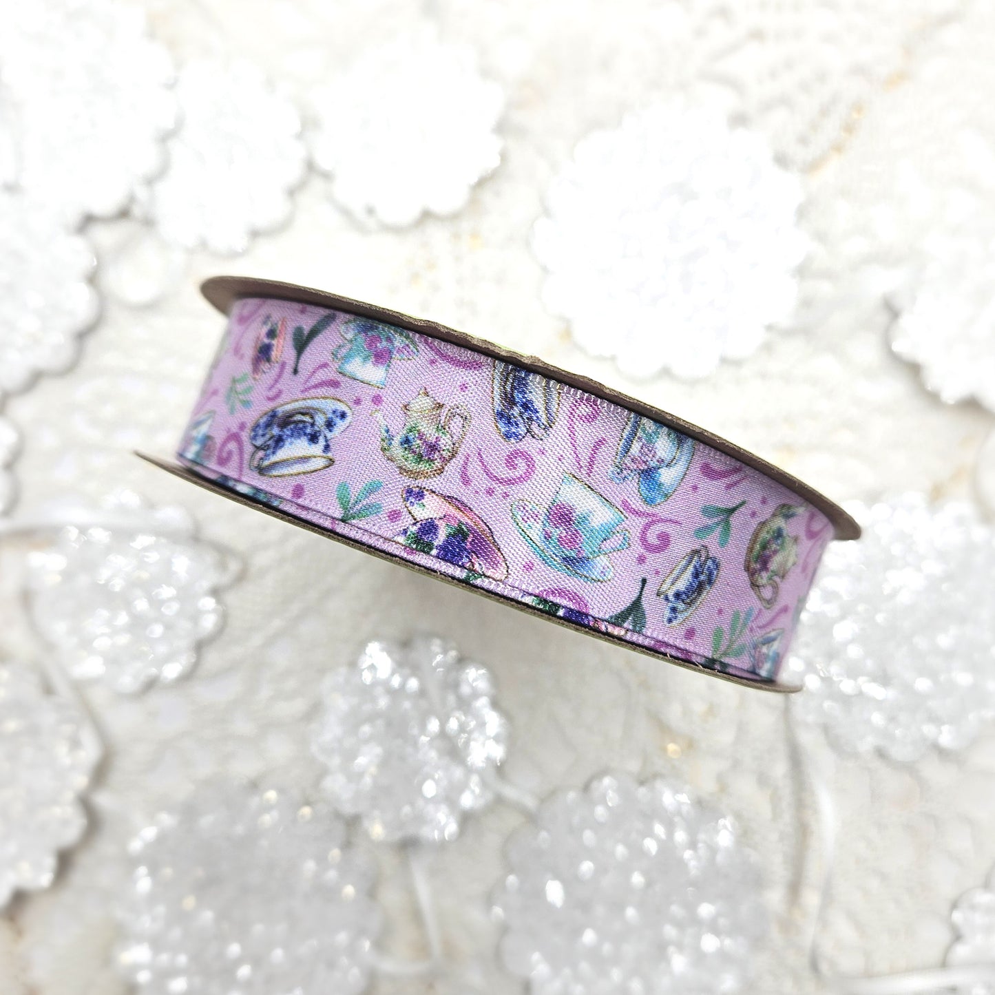Tea cups and Tea pots ribbon on a lilac background printed on 7/8" white single face satin