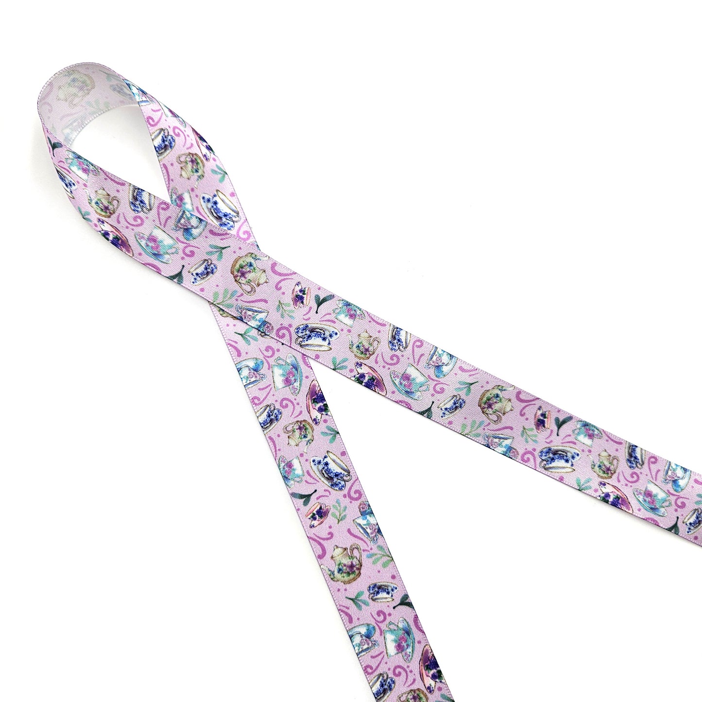 Tea cups and Tea pots ribbon on a lilac background printed on 7/8" white single face satin