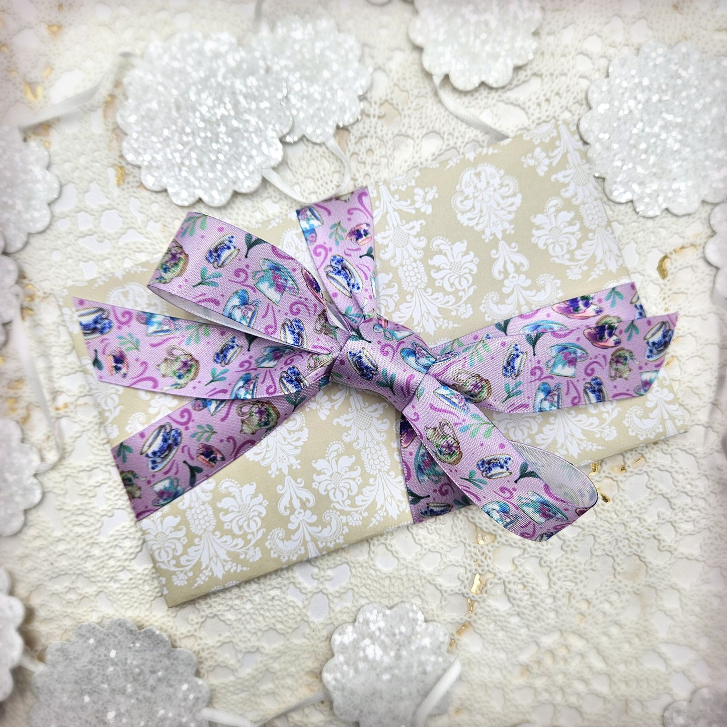 Tea cups and Tea pots ribbon on a lilac background printed on 7/8" white single face satin
