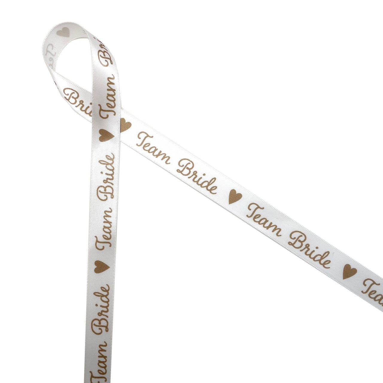 Our team bride ribbon printed on 5/8" white single face satin is the perfect addition to bridesmaids gifts, flower girl gifts, bridal luncheons and gifts. Be sure to have this special ribbon on had for all the events leading up to the big day! All our ribbon is designed and printed in the USA