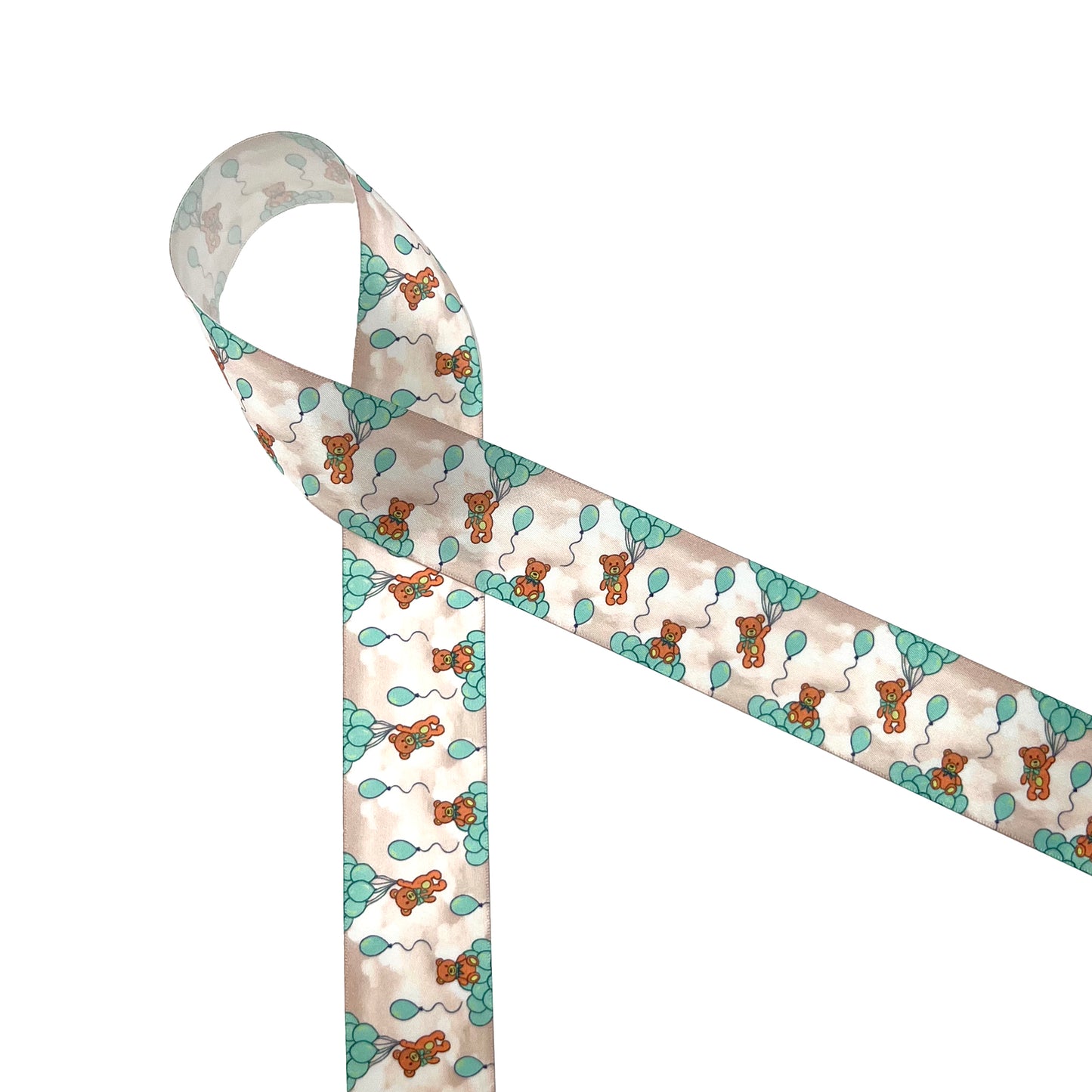 Teddy Bear Ribbon Teddy Bears with balloons floating on a tan cloud background printed on 7/8" and 1.5" white satin