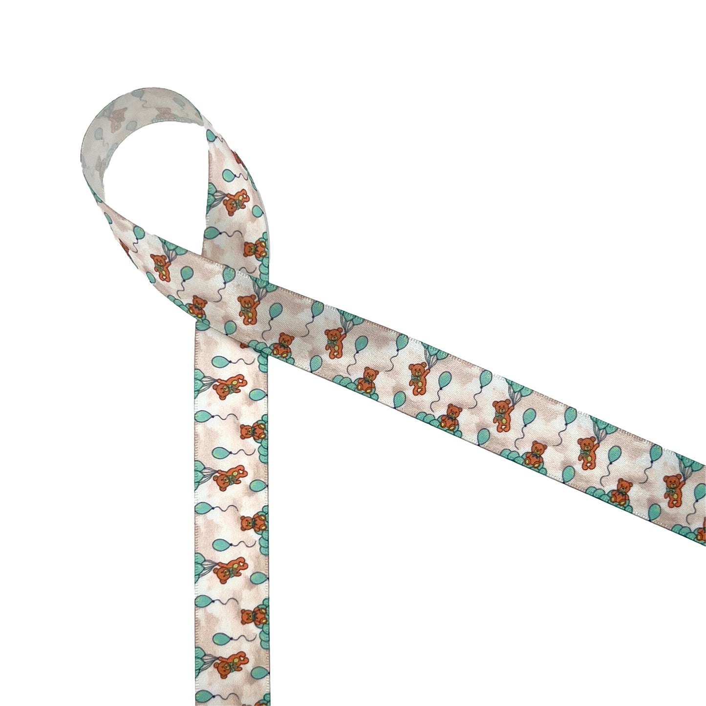 Teddy Bear Ribbon Teddy Bears with balloons floating on a tan cloud background printed on 7/8" and 1.5" white satin