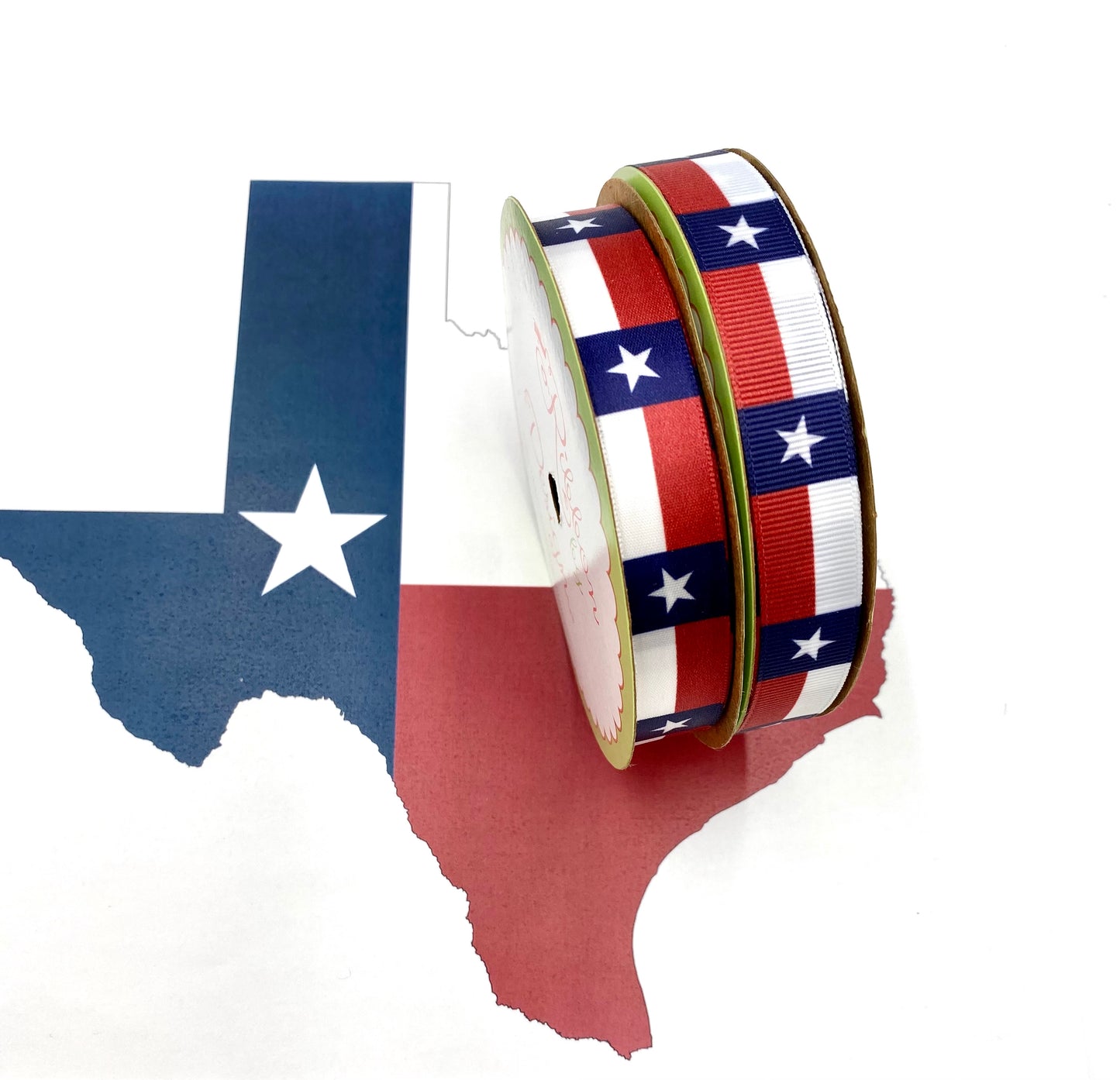 Texas Flag ribbon with a white star in blue and a red stripe printed on 5/8" white grosgrain
